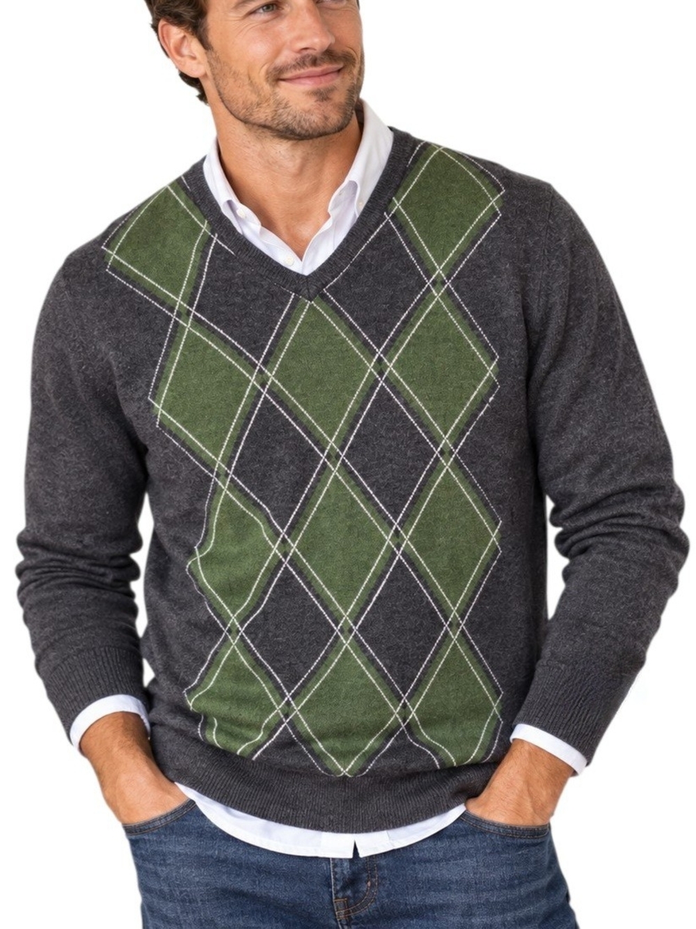 Tommy Hilfiger Men’s M Argyle Sweater V Neck Gray Green Preppy Golf Grandpacore
